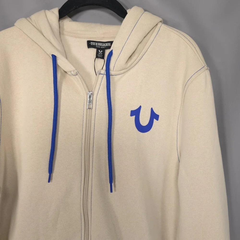 TRUE RELIGION Men's New MEDIUM Full Zip Hoodie Fog Beige Buddha Guitar 701400